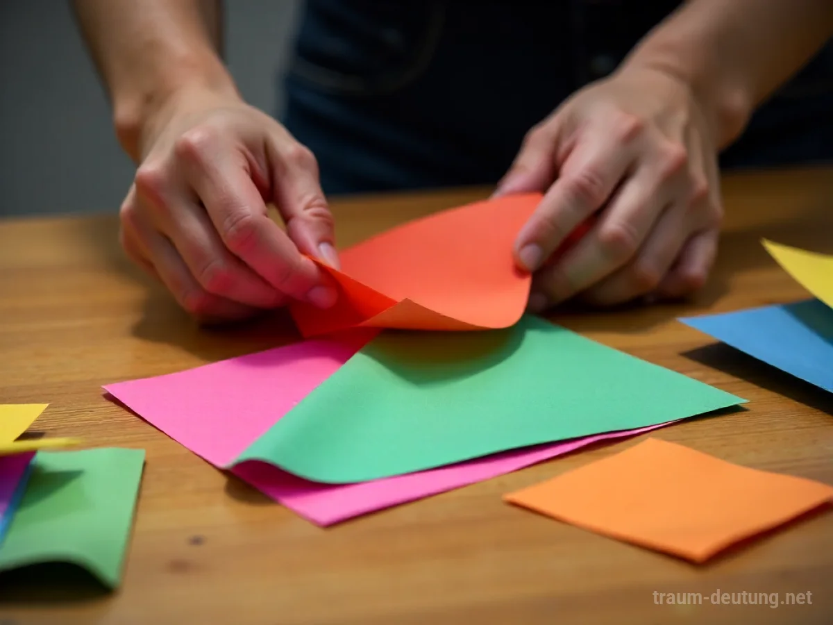 Hände falten und schneiden buntes Papier zu einer Form.