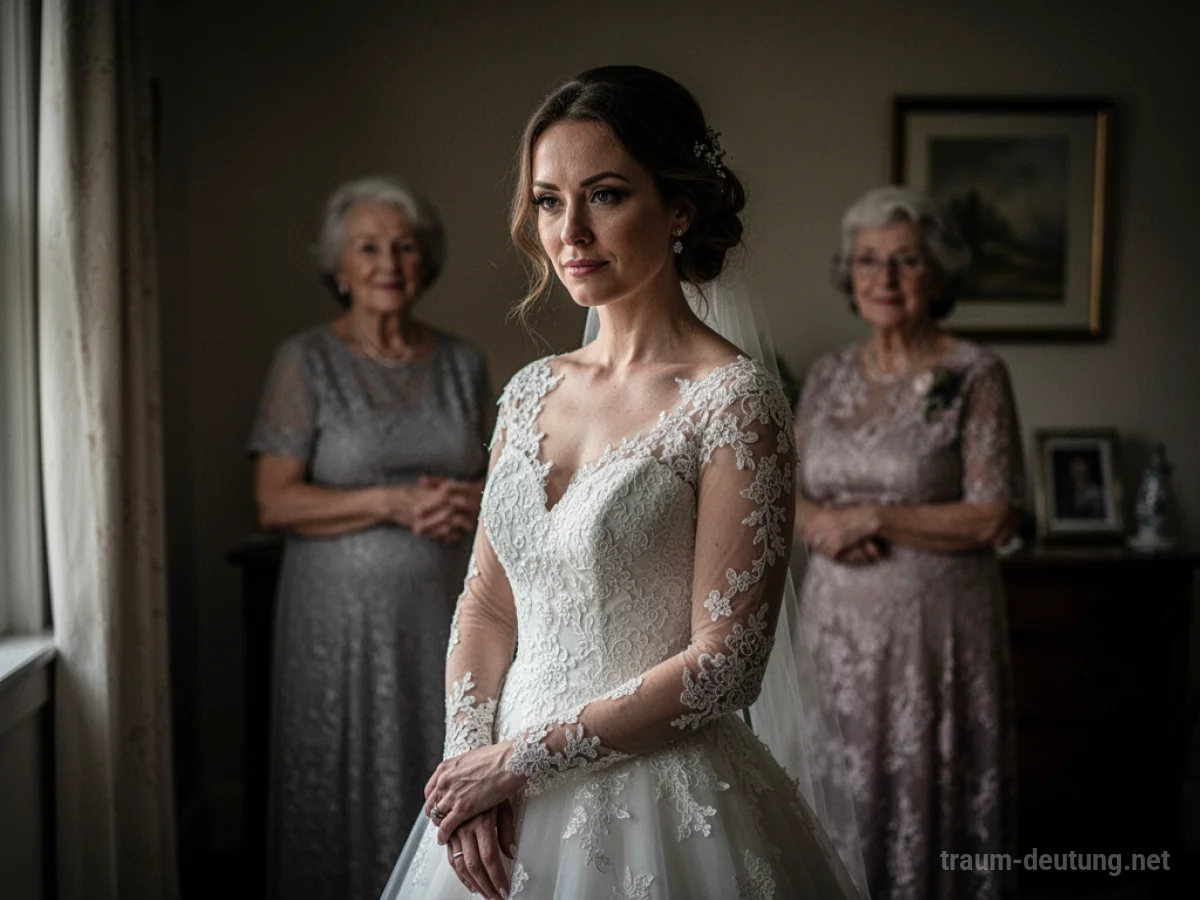 Frau im Brautkleid steht in einem schattigen Raum, die Mutter im Hintergrund unscharf zu sehen.