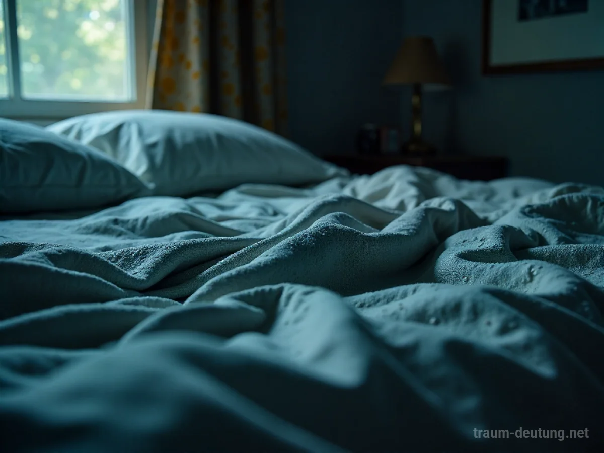 Eine nasse Bettdecke liegt auf einem Bett in einem schwach beleuchteten Raum.