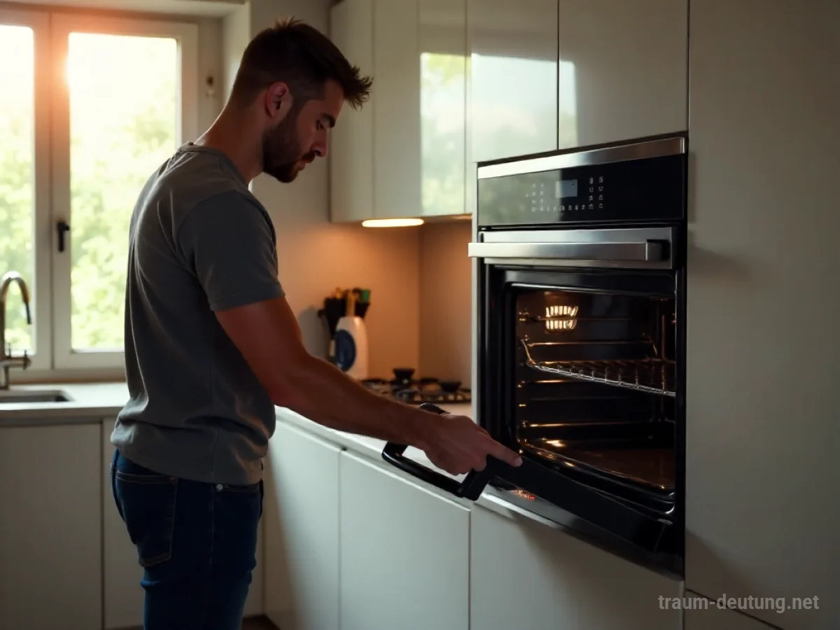 Ein neuer Backofen wird in einer hellen Küche aufgestellt.