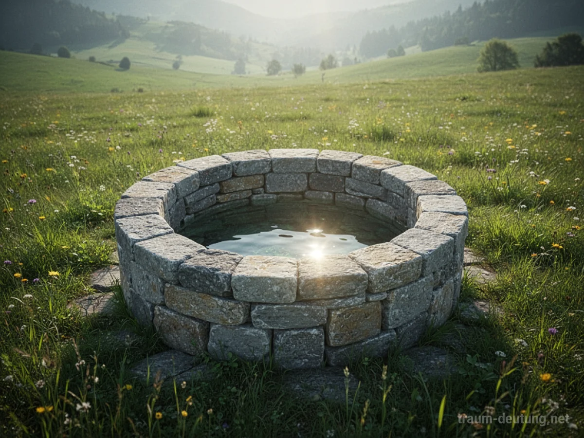 Ein neuer, steinerner Brunnen in einer sonnigen Wiese.