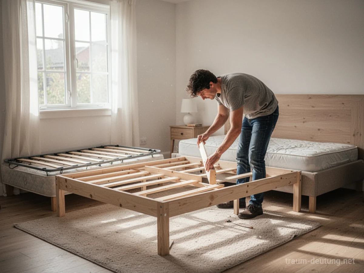 Eine Person baut ein neues Bett in einem hellen Raum auf.