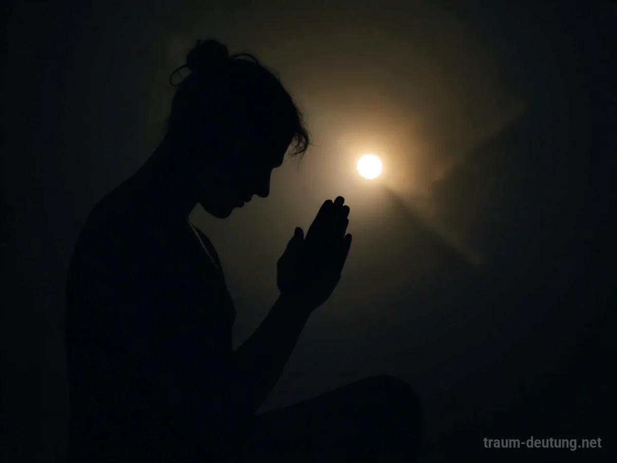 Silhouette einer Person, die betend eine helle Ferne anblickt