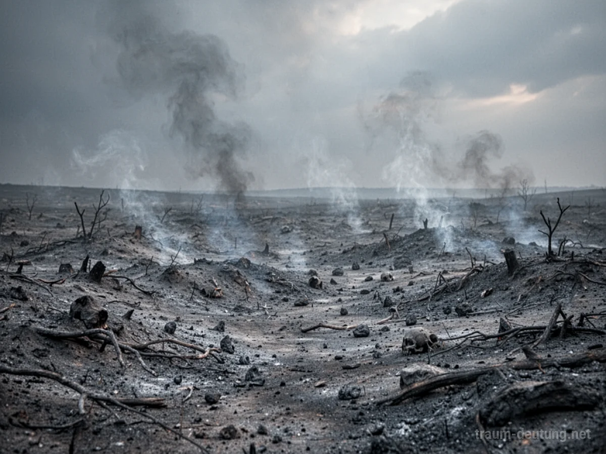 Graue Asche bedeckt eine karge Landschaft unter einem düsteren Himmel