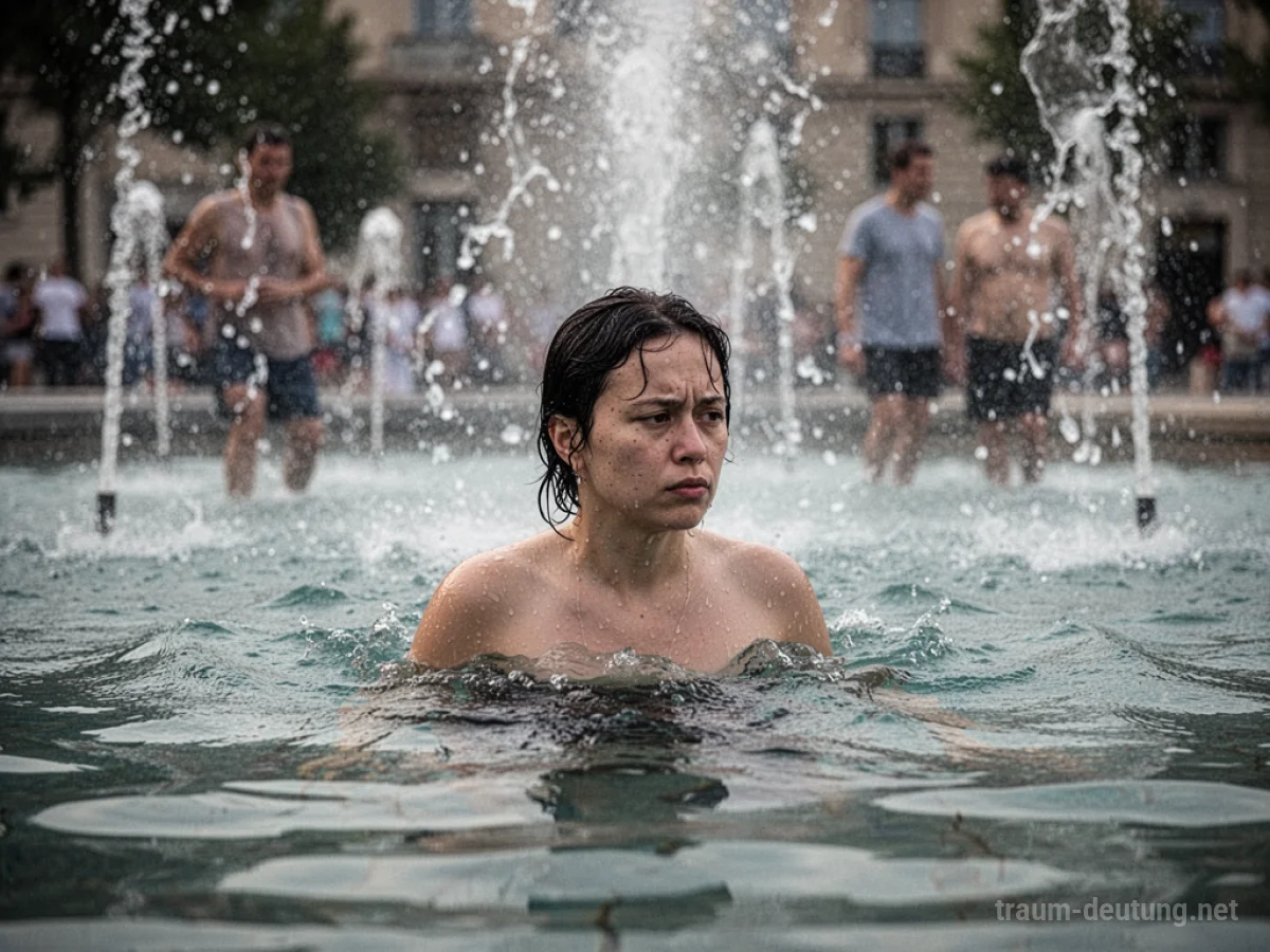 Eine Person badet in einem öffentlichen Brunnen mit unscharfen Passanten im Hintergrund.