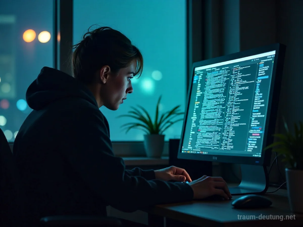 Eine Person sichert verzweifelt Daten auf einem Computer, während eine digitale Bedrohung näher rückt.