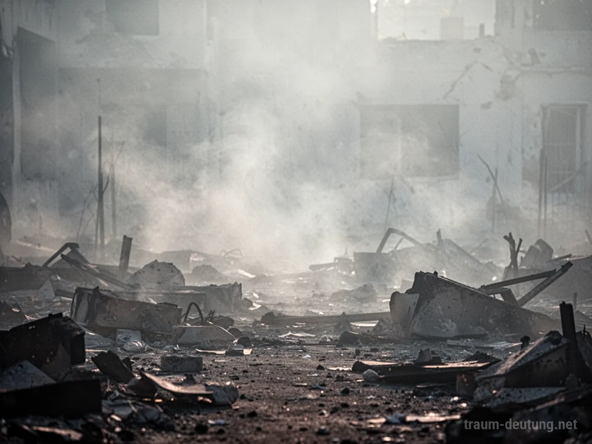 Verrauchte Szenerie nach einer Explosion mit angedeuteten Trümmern