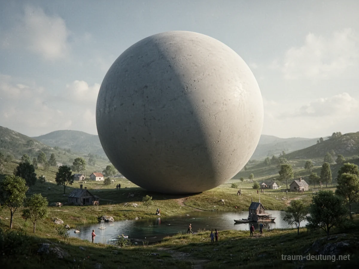 Ein gigantischer Ball wirft einen langen Schatten über eine kleine Landschaft.