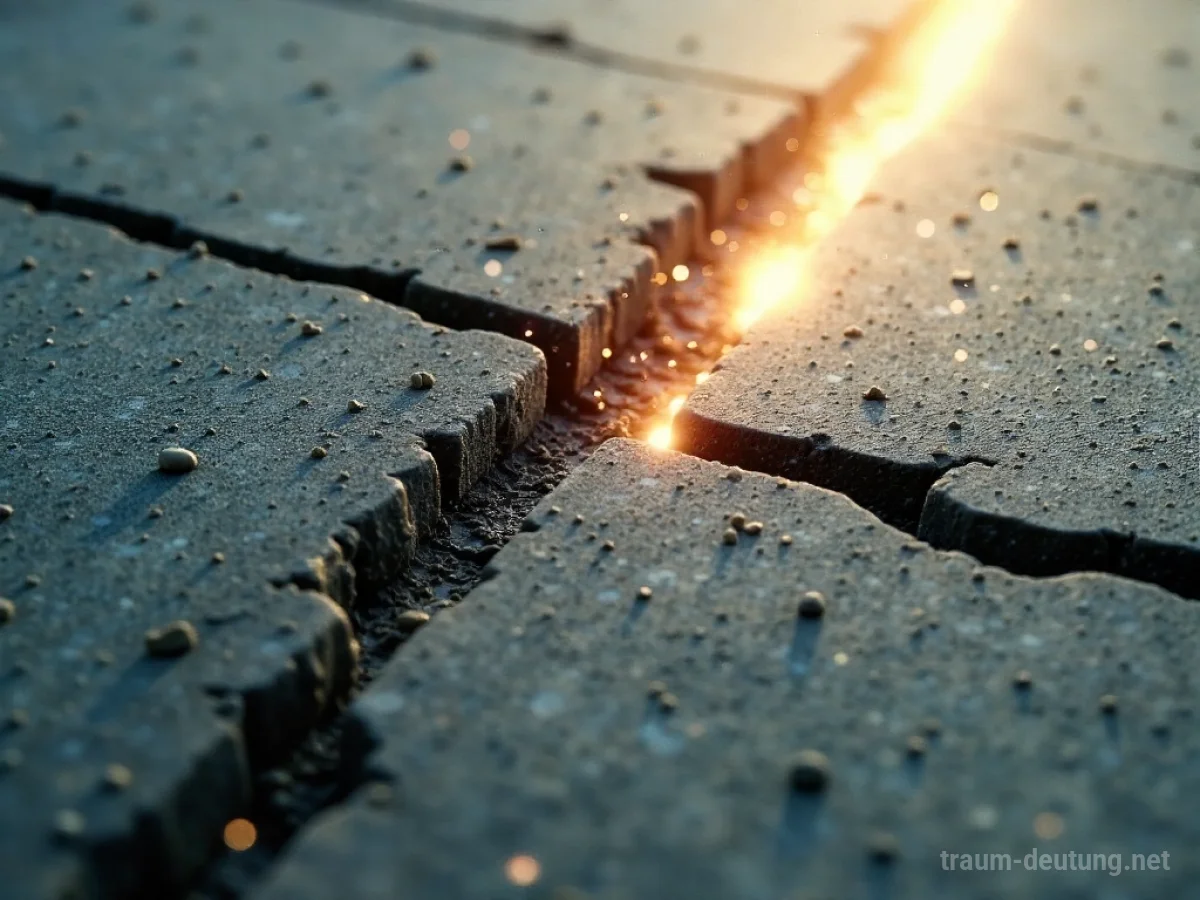 Nahaufnahme von rissigem Beton mit einem Sonnenstrahl, der durch eine Fuge fällt.
