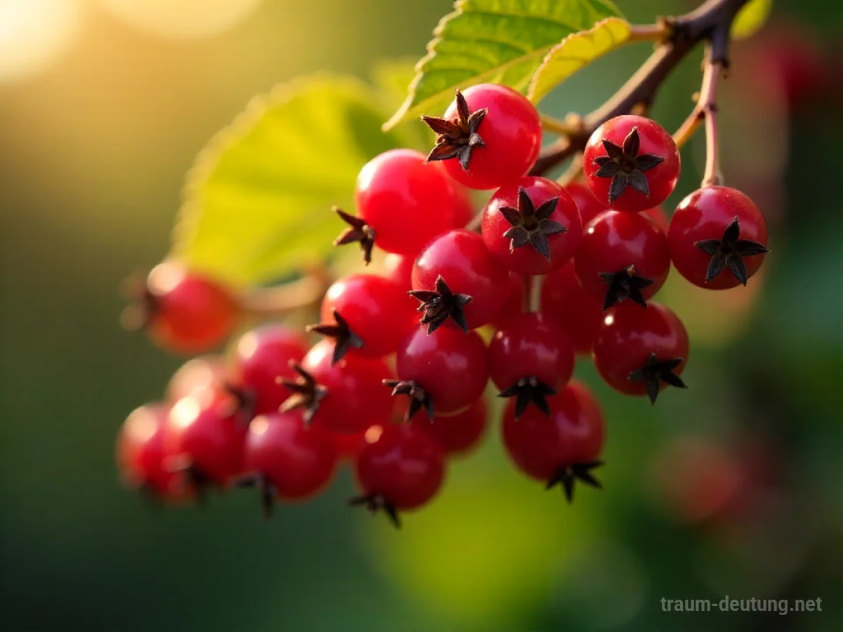 Rote Beeren im Fokus auf einem Ast im Sonnenlicht