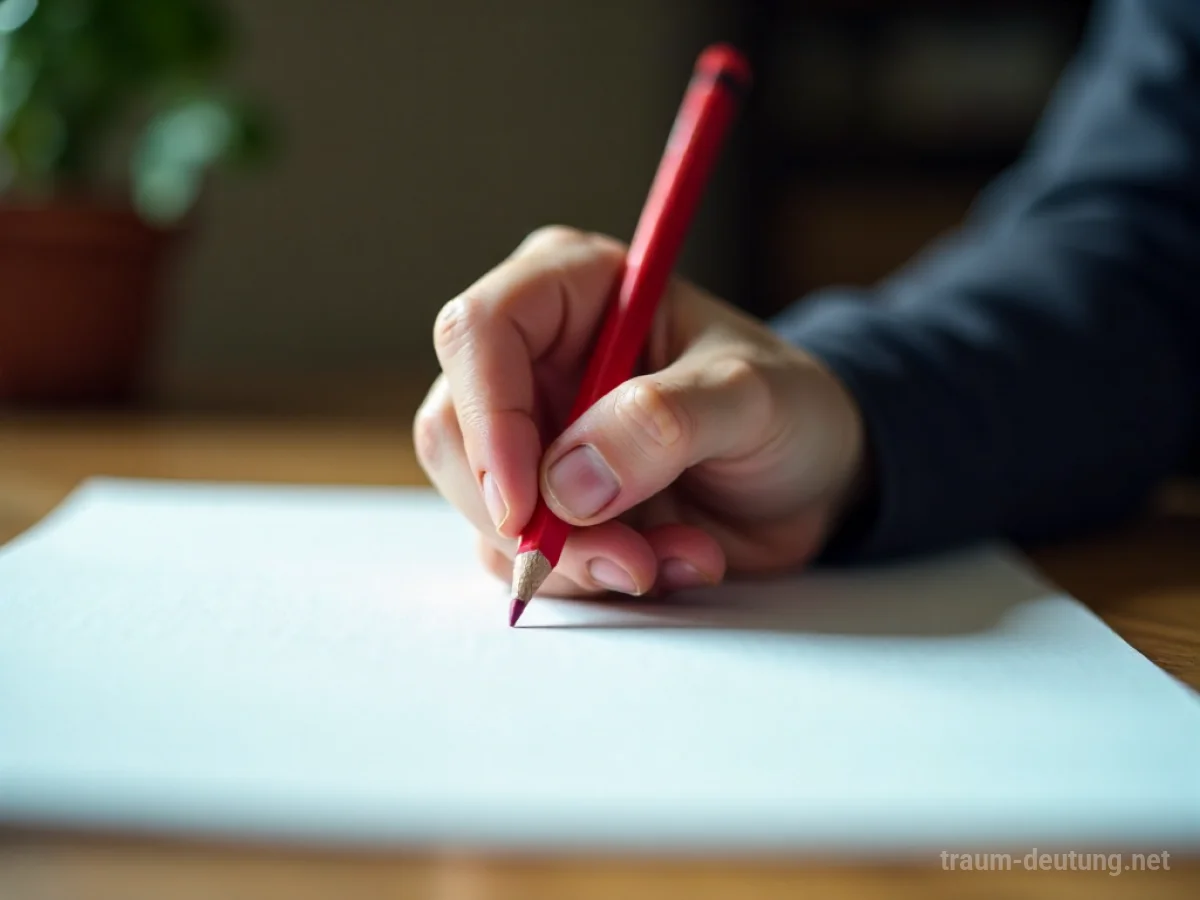 Hand hält roten Bleistift über weißem Papier