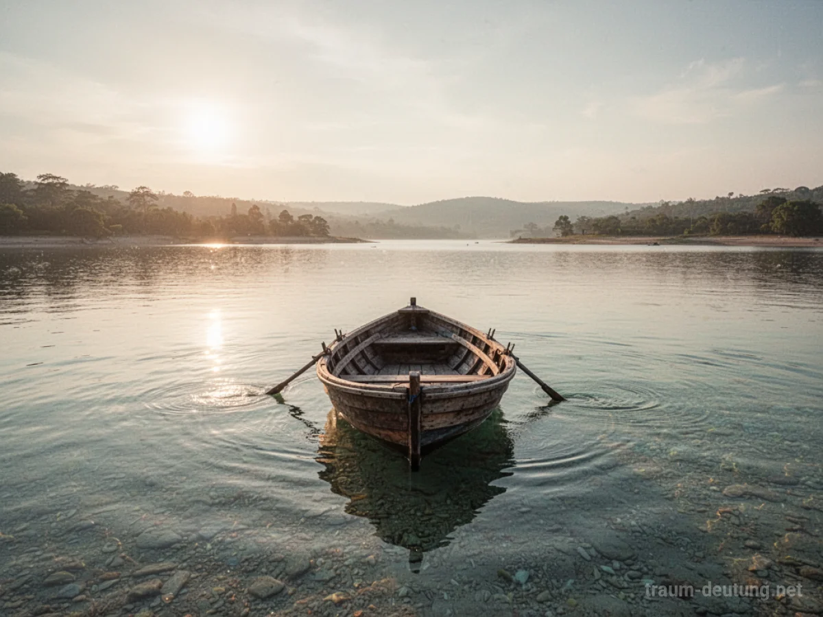 Kleines Holzruderboot auf ruhigem Wasser in Richtung Ufer