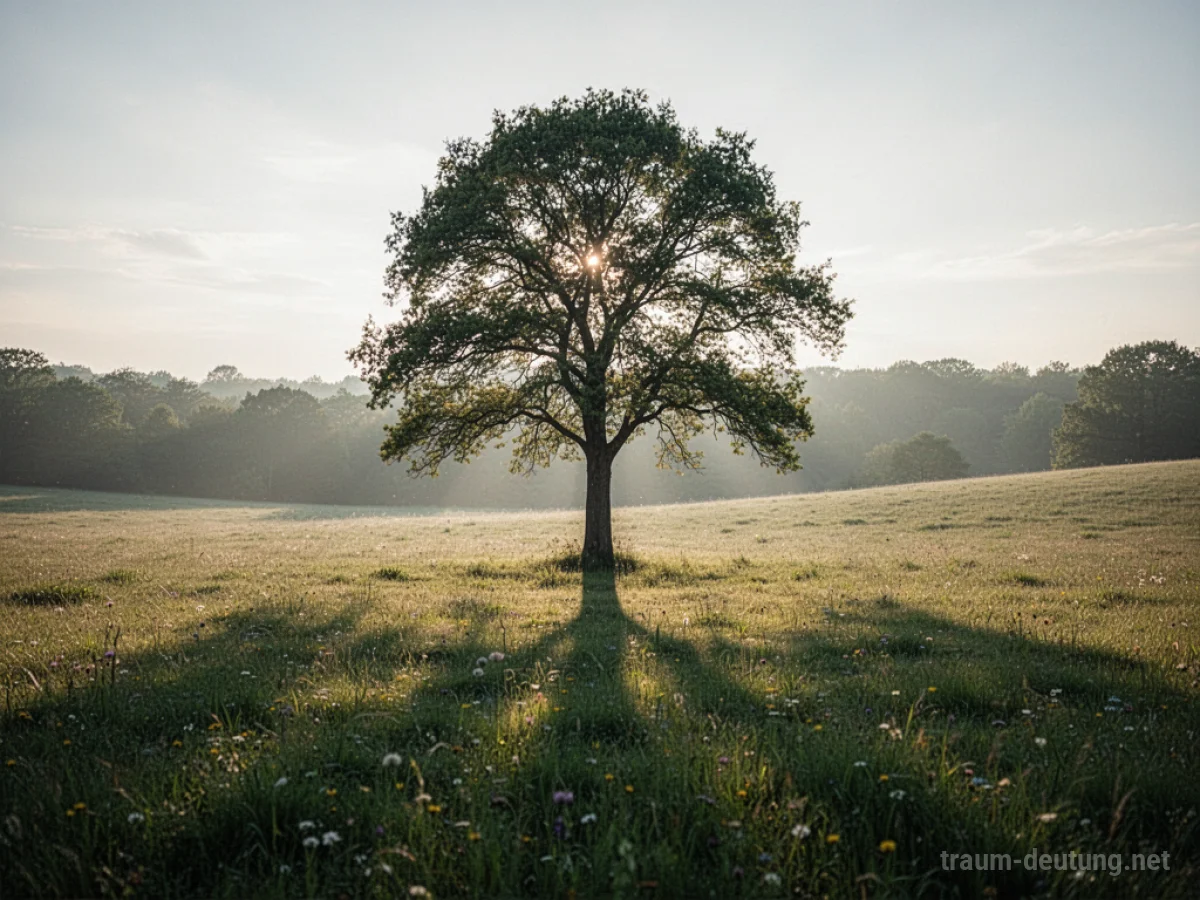 Ein Baum wirft einen langen Schatten auf eine Wiese im sanften Licht.