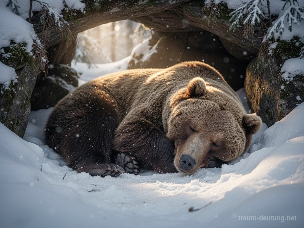 Schlafender Bär in einer Höhle, bedeckt mit Schnee