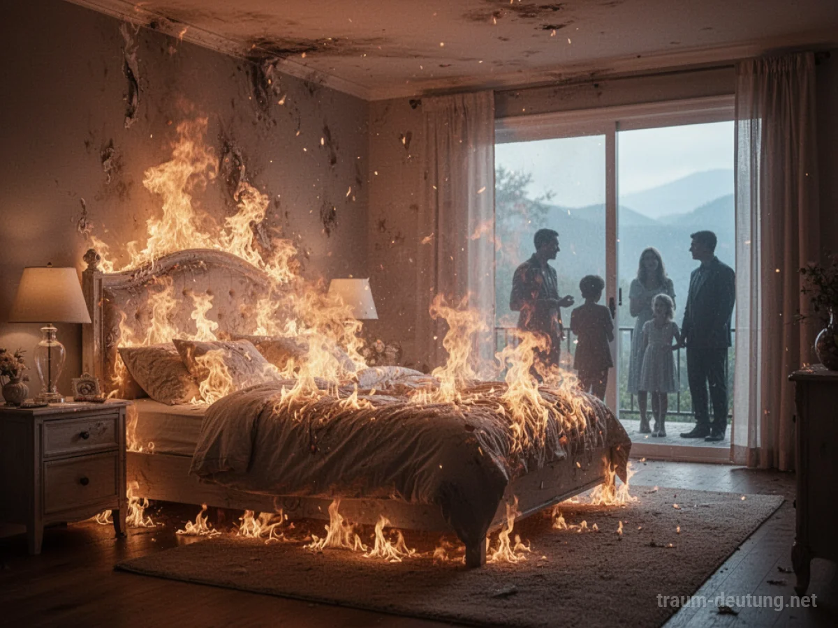 Ein brennendes Schlafzimmer mit sanften Flammen, beobachtet von Silhouetten.