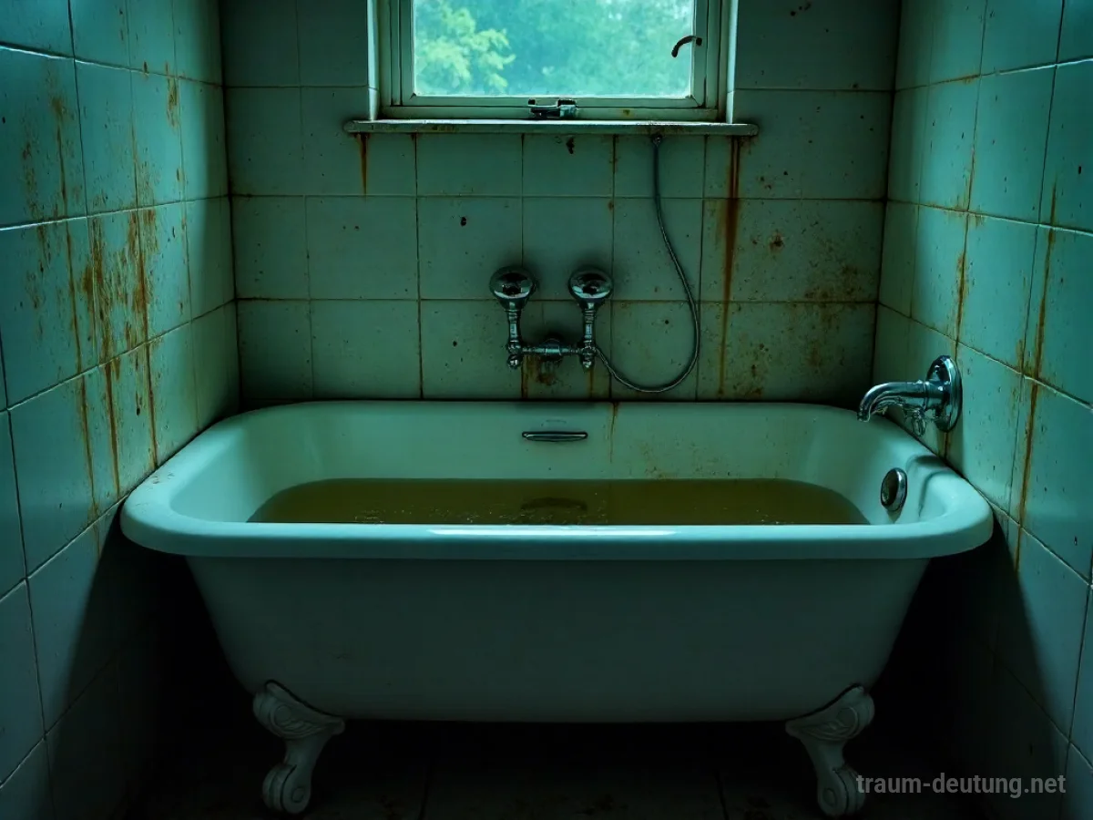 Eine schmutzige Badewanne mit trübem Wasser in einem dunklen Badezimmer
