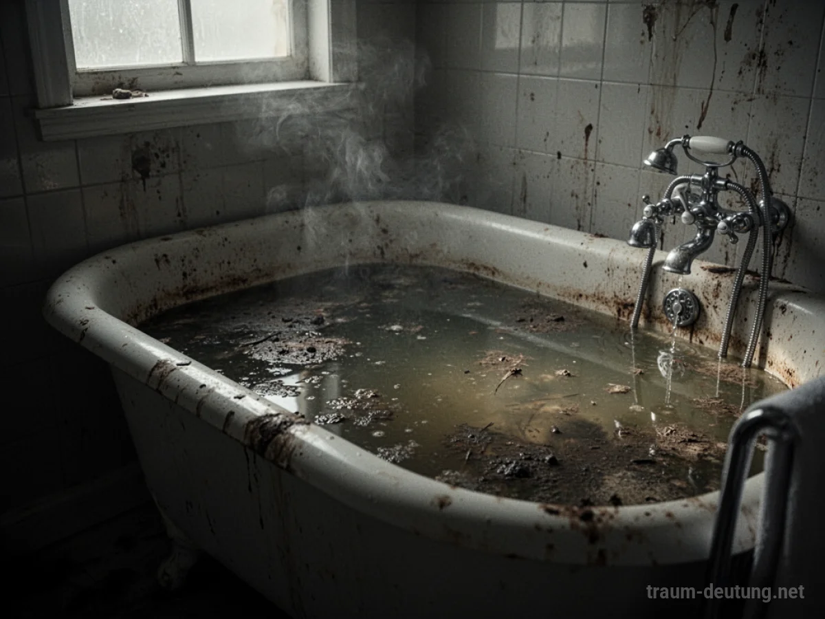 Badewanne mit trübem, schmutzigem Wasser in einem dunklen Raum