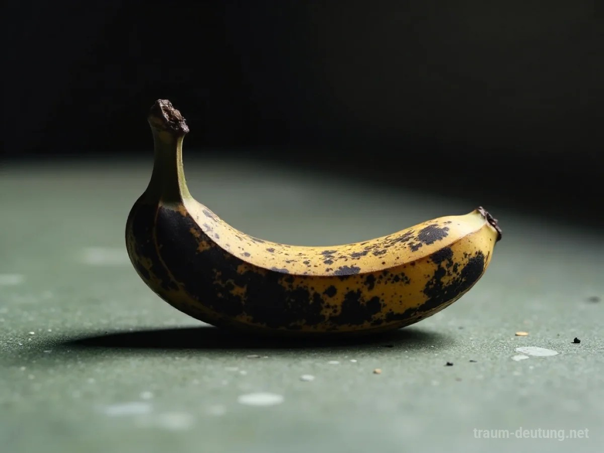 Eine überreife, schwarze Banane liegt auf einer flachen Oberfläche.