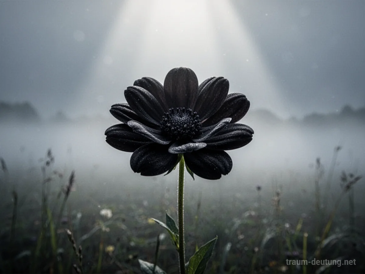 Eine einzelne schwarze Blume in einer nebligen Landschaft.