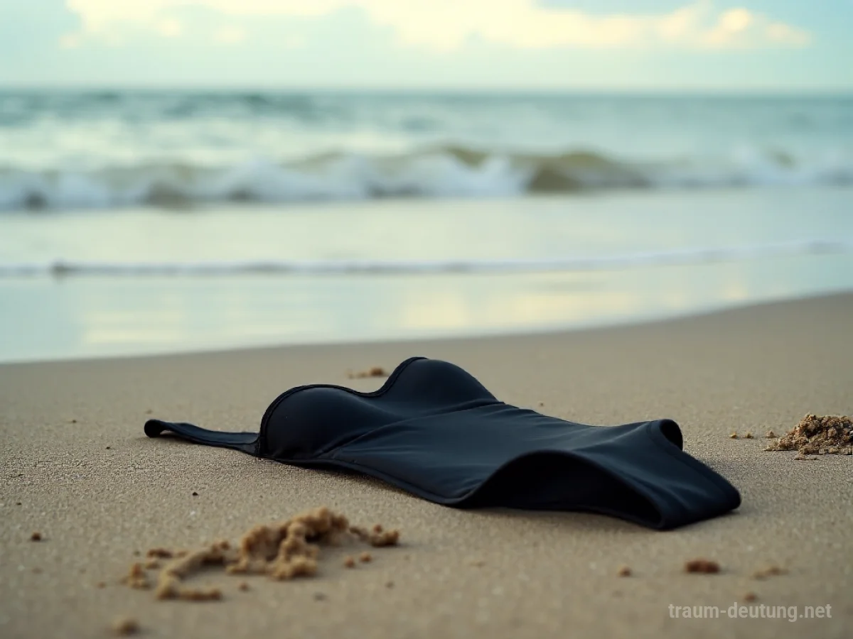 Schwarzer Badeanzug am Strand mit sanften Wellen im Hintergrund.