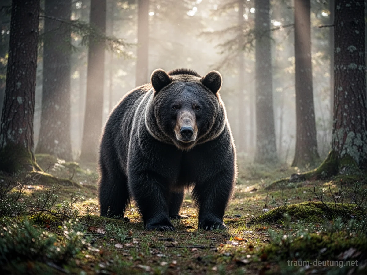 Ein schwarzer Bär steht in einem nebligen Wald.