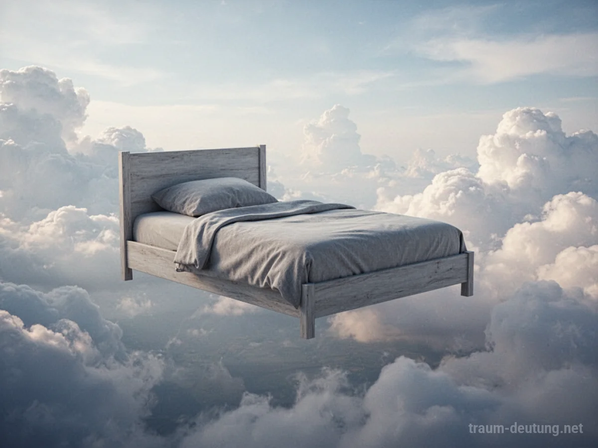 Ein Bett schwebt sanft in einem hellen Himmel mit wenigen Wolken.