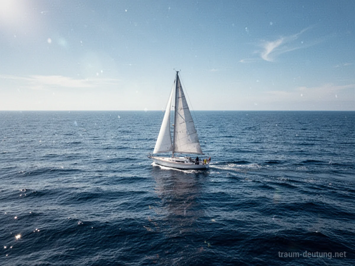 Ein Segelboot mit weißem Segel fährt auf einer ruhigen See unter blauem Himmel.