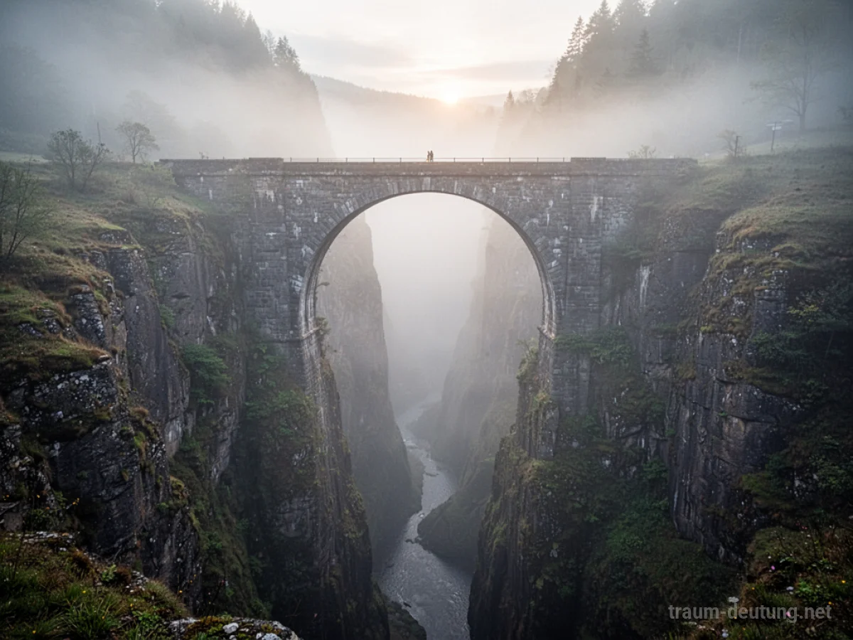Eine sehr hohe Steinbrücke über einem nebligen Abgrund