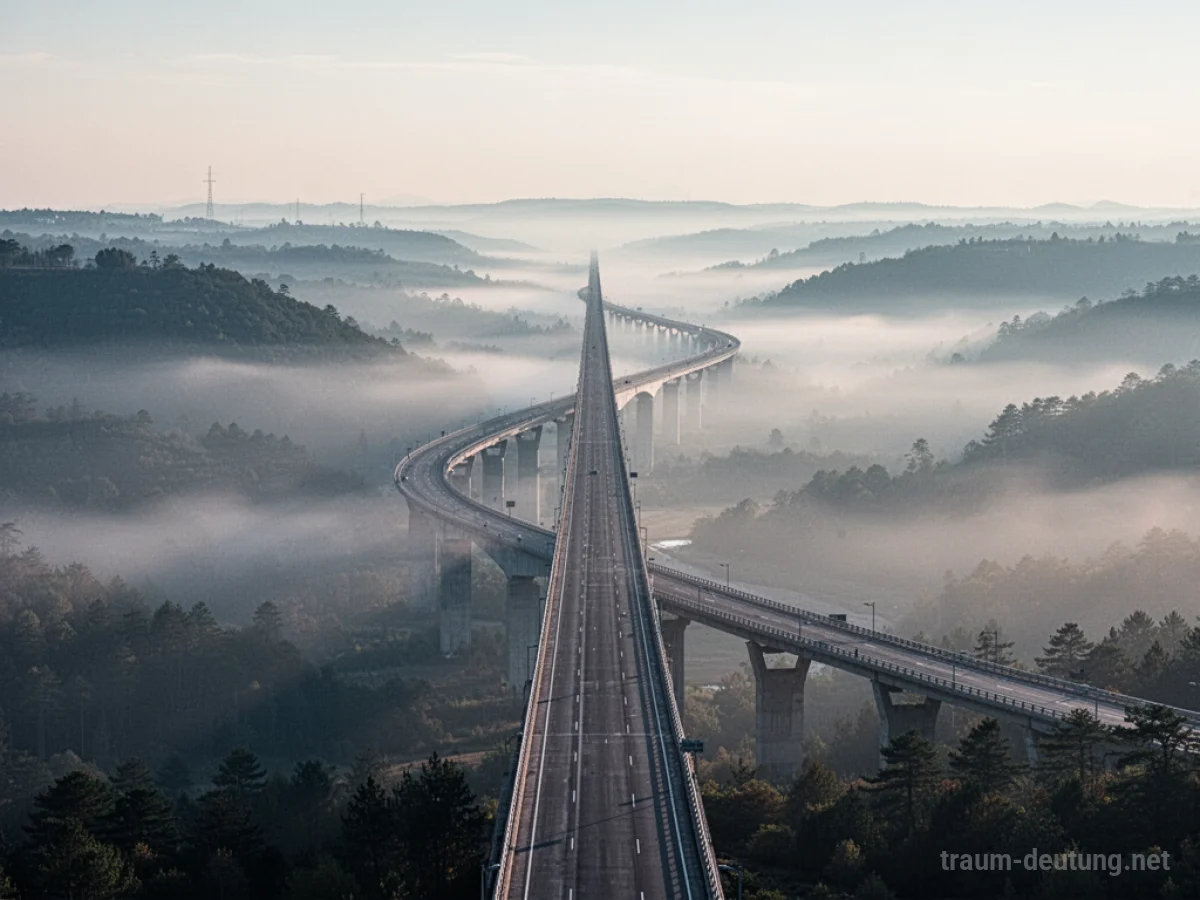 Eine sehr lange Brücke, die sich durch eine neblige Landschaft zieht