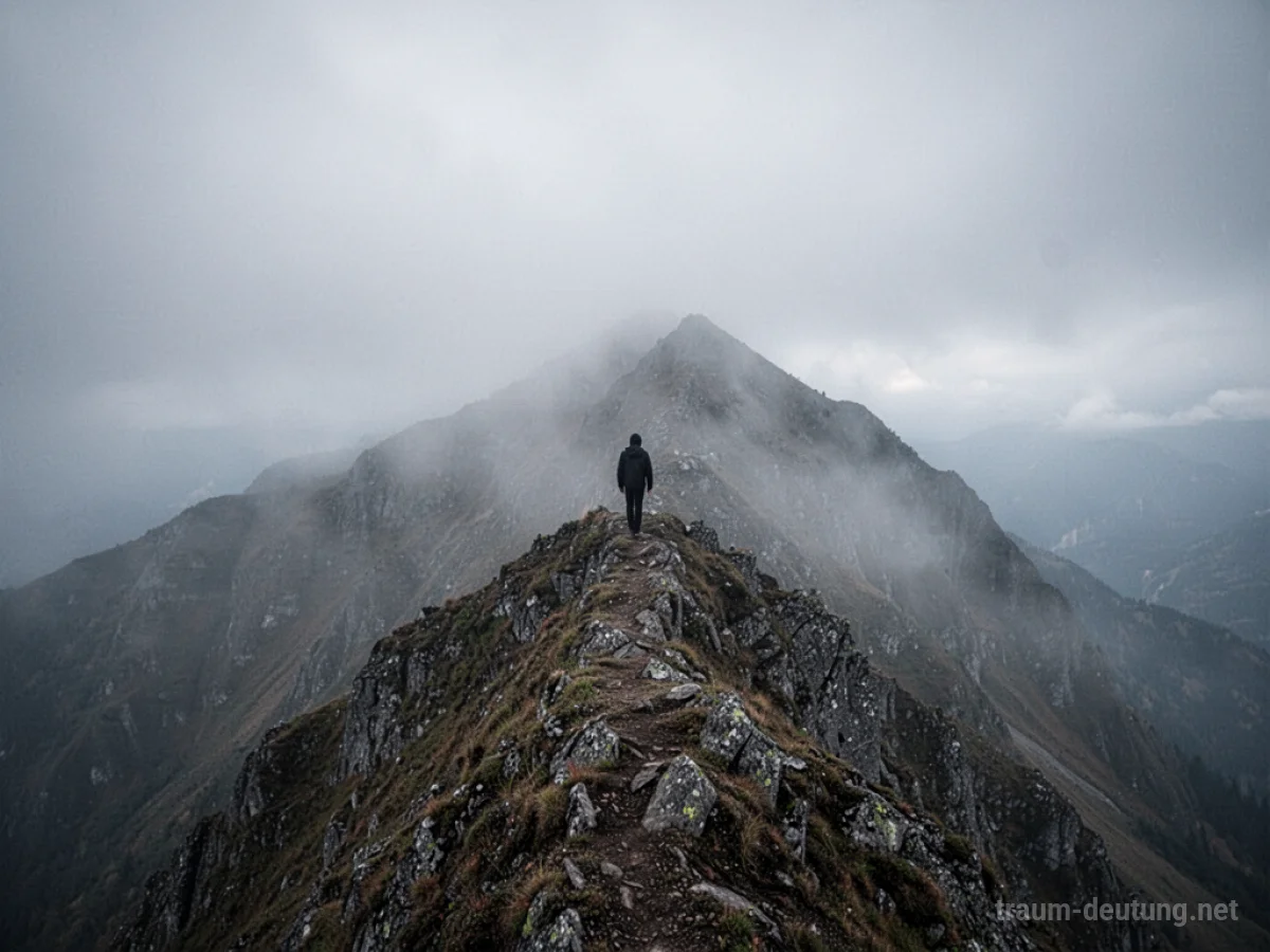 Verirrte Person auf einem nebligen Berggipfel ohne sichtbaren Weg