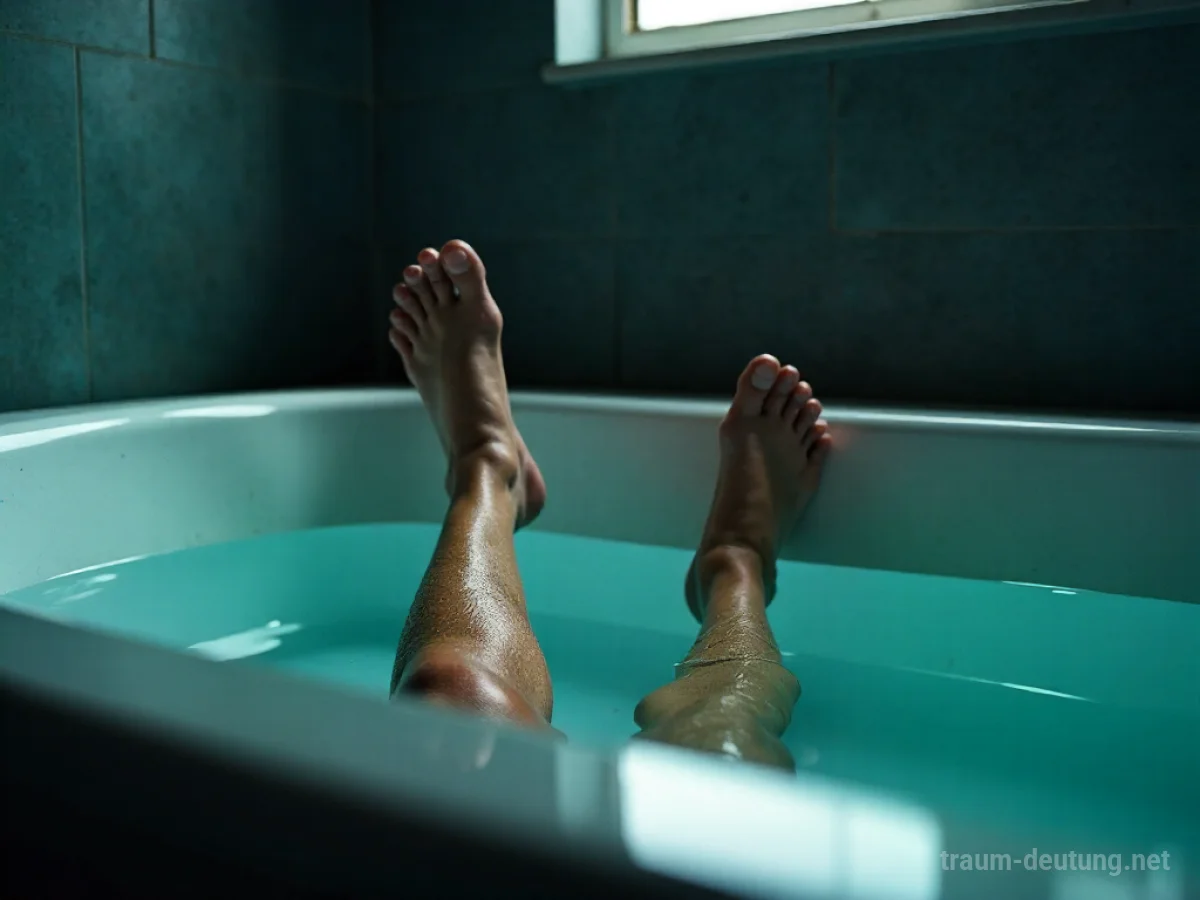 Beine ragen aus einer gefüllten Badewanne in einem dunklen Badezimmer hervor.