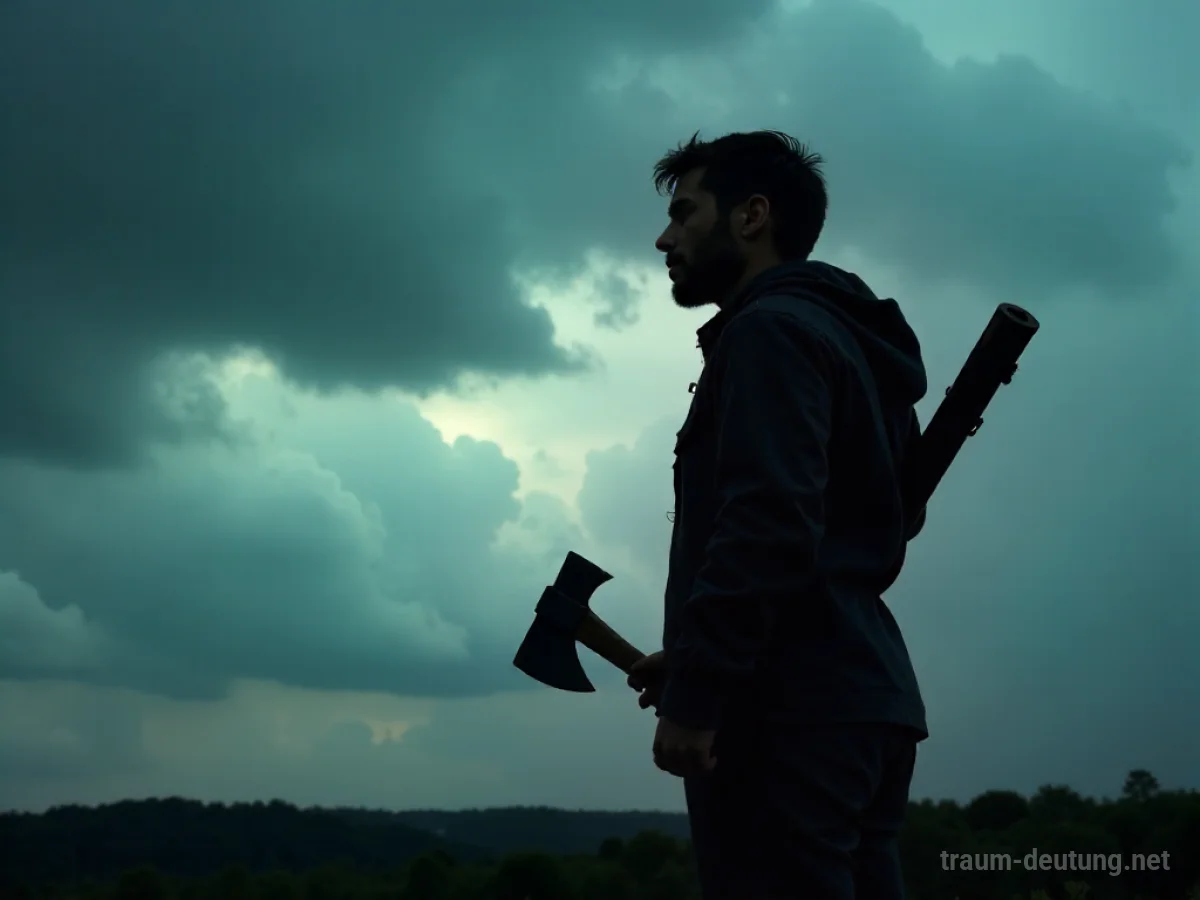Silhouetten einer Person, die ein Beil zur Verteidigung hält vor dramatischem Himmel.