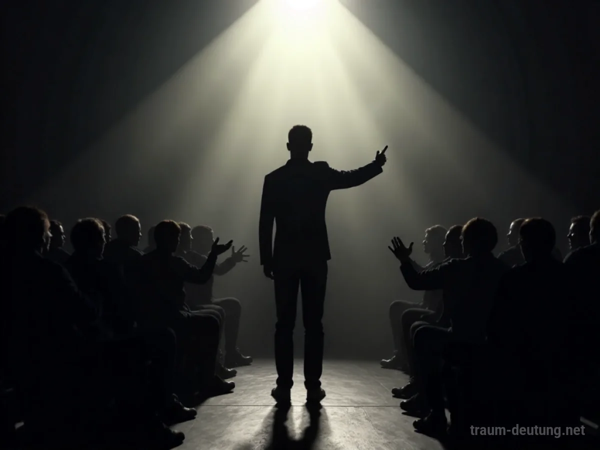 Silhouette einer Person im Scheinwerferlicht, die spöttischen Beifall von einer dunklen Menge erhält.