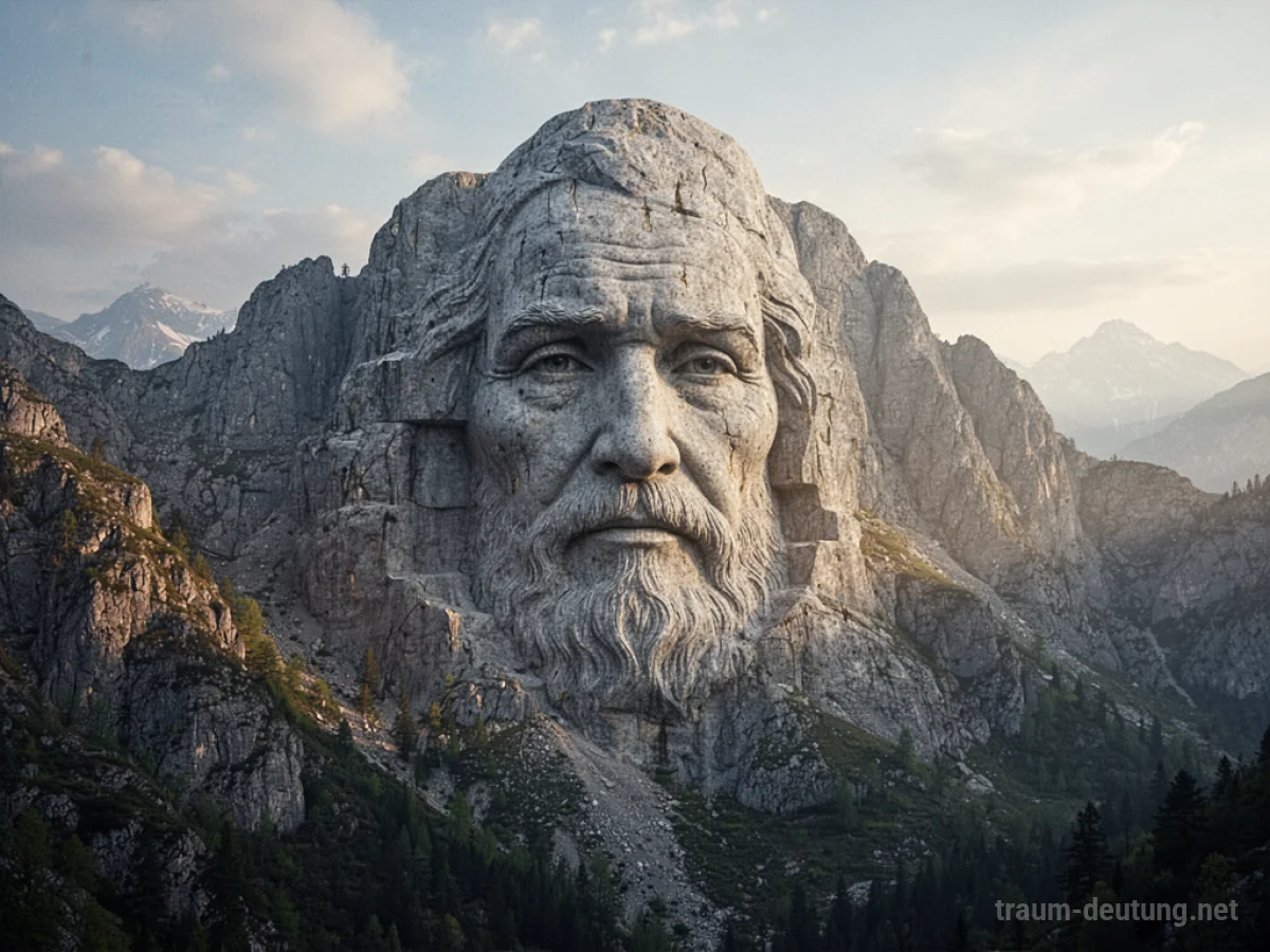 Ein majestätischer Berg mit einem weisen Gesicht, das in den Felsen gemeißelt ist.