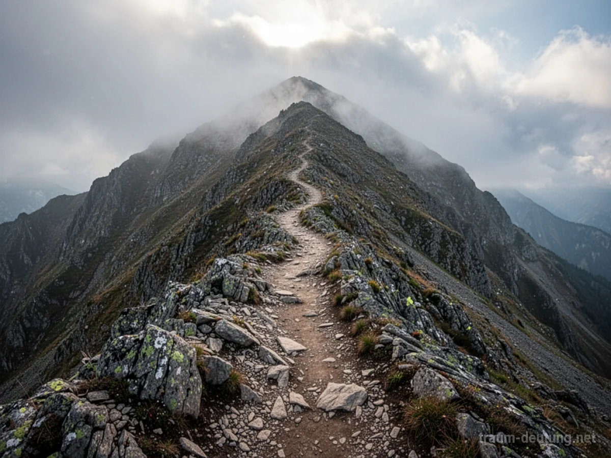 Ein schmaler, steiler Bergpfad führt nach oben zu einem nebligen Gipfel.