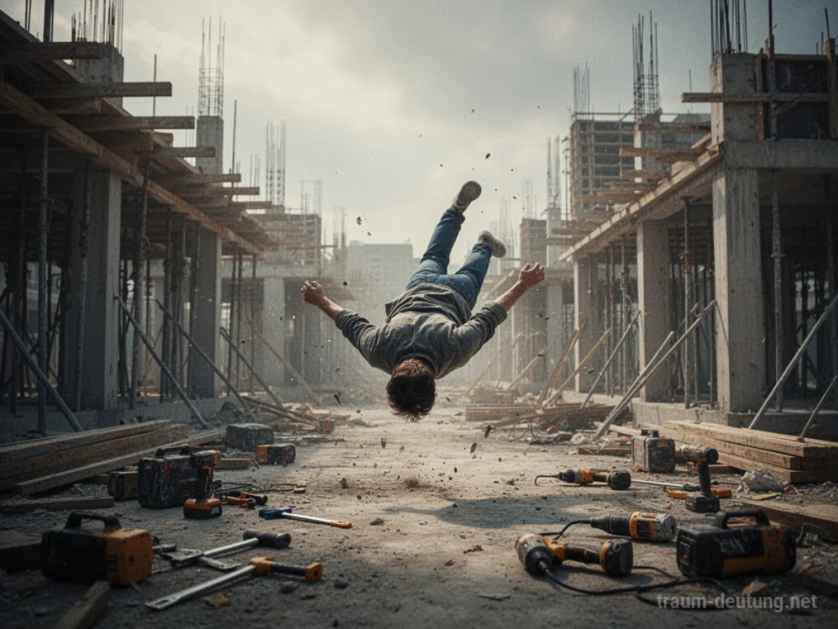 Person stürzt auf einer unfertigen Baustelle zwischen Werkzeugen und Bauteilen.