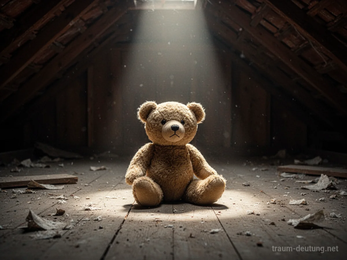 Ein alter Teddybär sitzt allein auf einem staubigen Dachboden.
