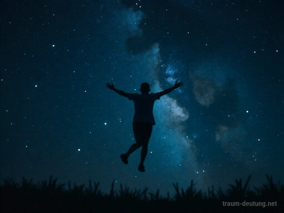 Silhouette einer Person, die in einen dunklen Himmel fällt.