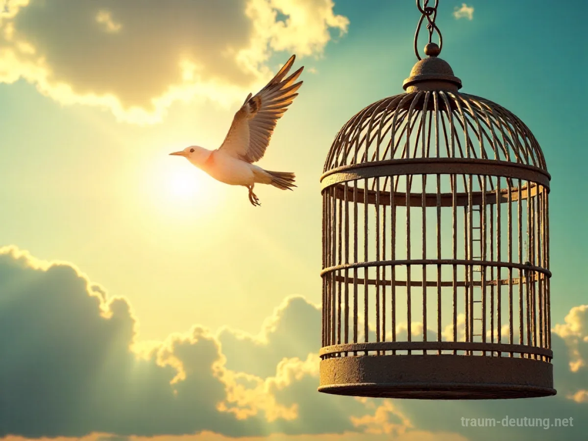 Ein Vogel fliegt aus einem offenen Käfig in einen hellen Himmel.