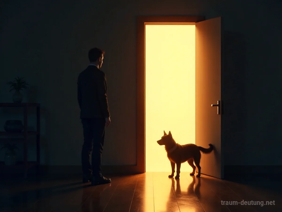 Silhouette einer Person und eines Tieres im Türrahmen