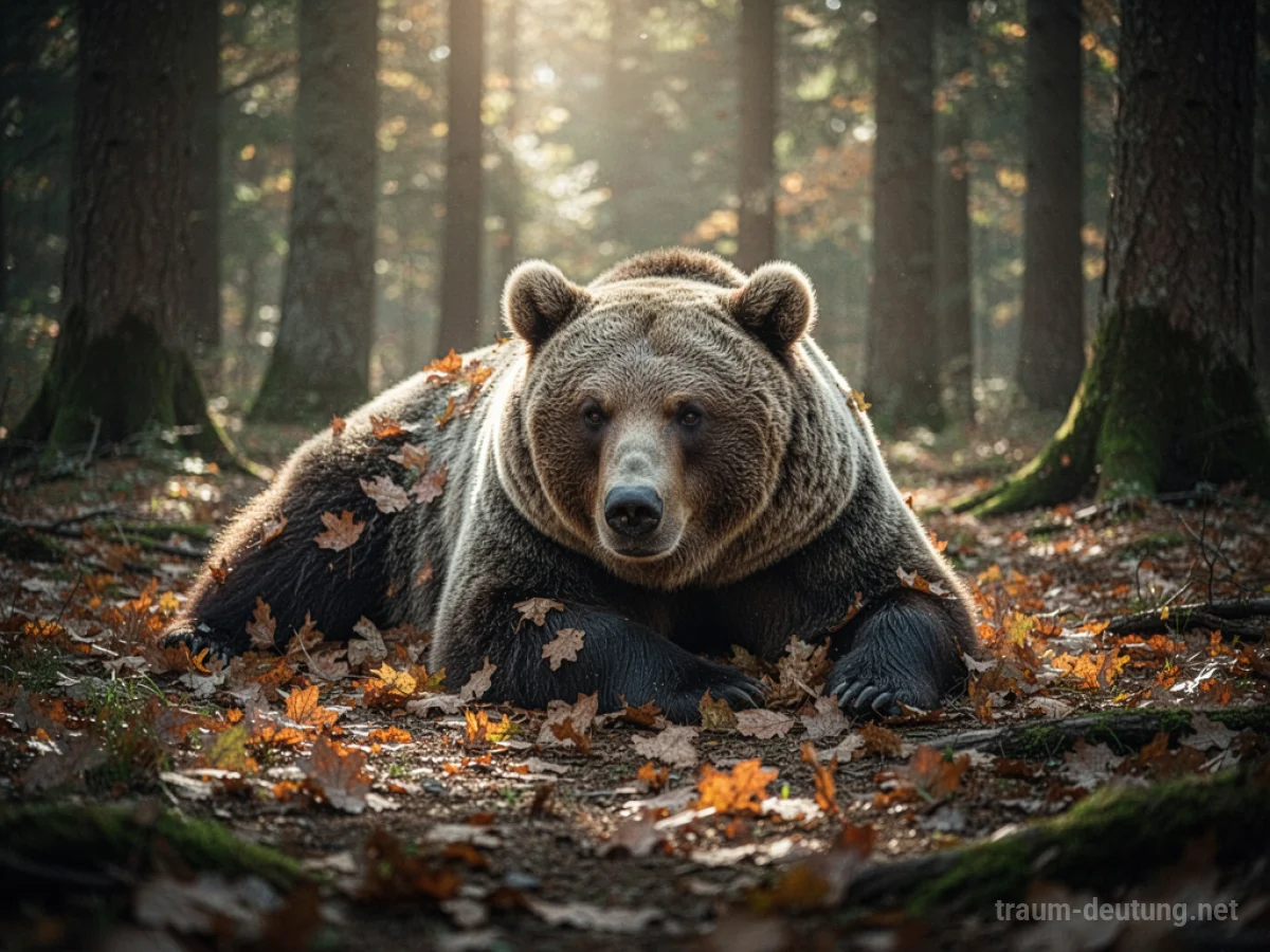 Ein toter Bär liegt friedlich auf dem Waldboden, bedeckt von Laub.