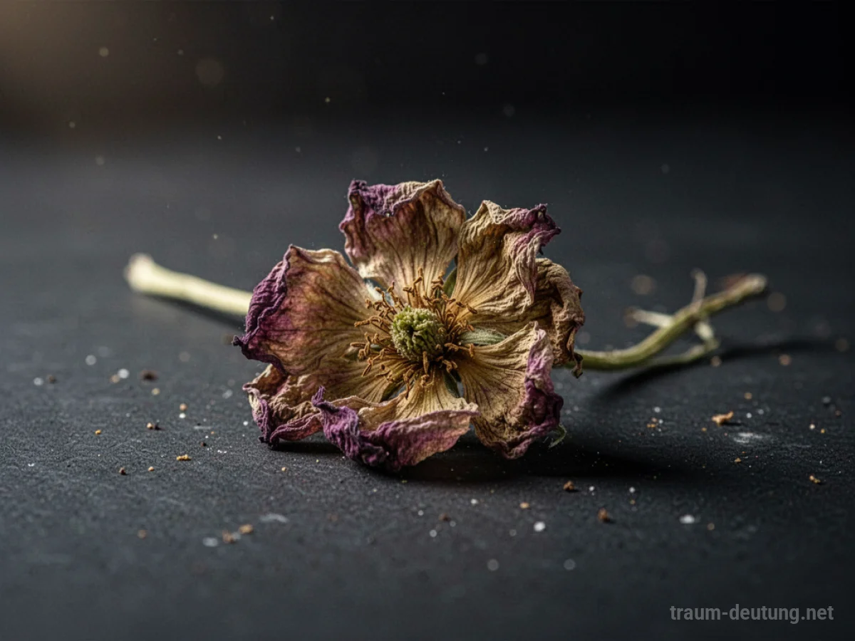 Eine einzelne, verwelkte Blume auf dunklem Grund