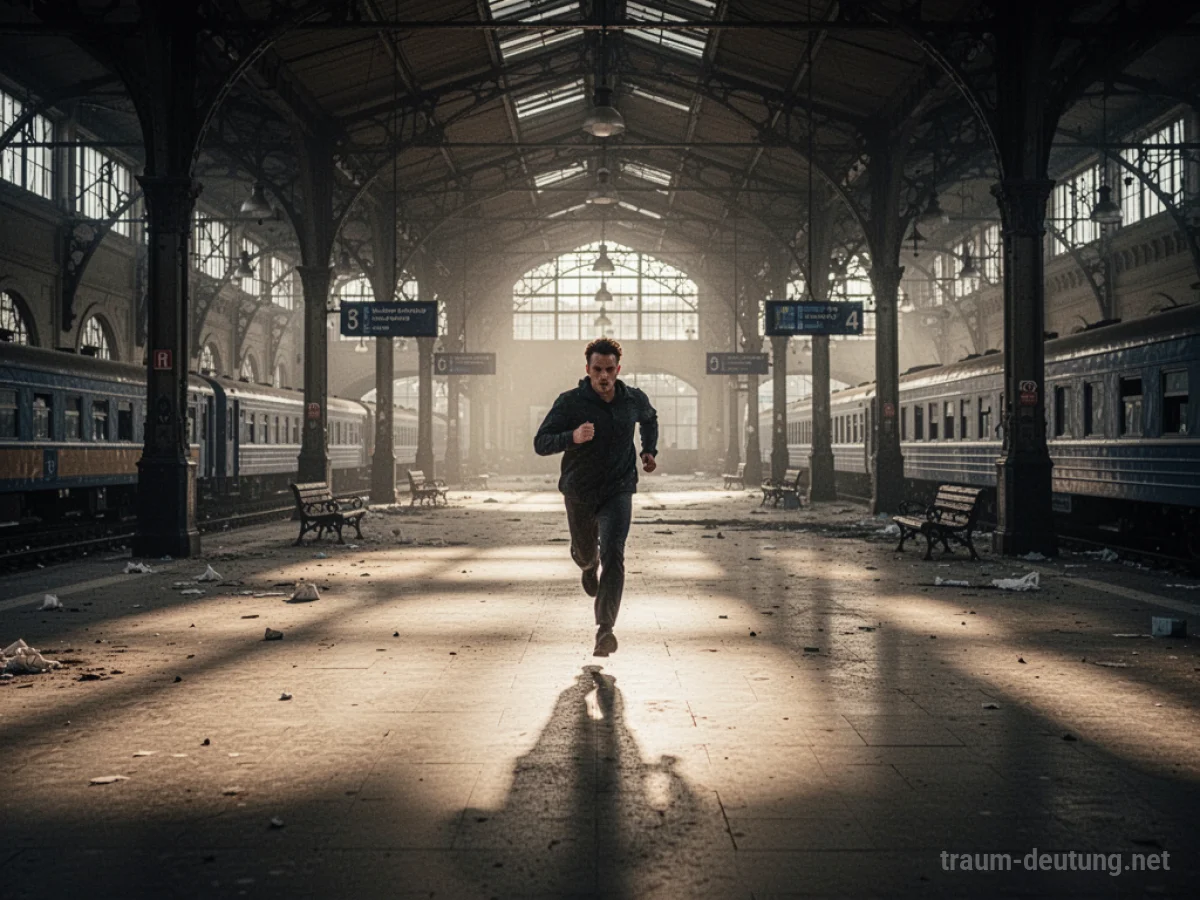 Eine einsame Person flüchtet durch eine Bahnhofshalle