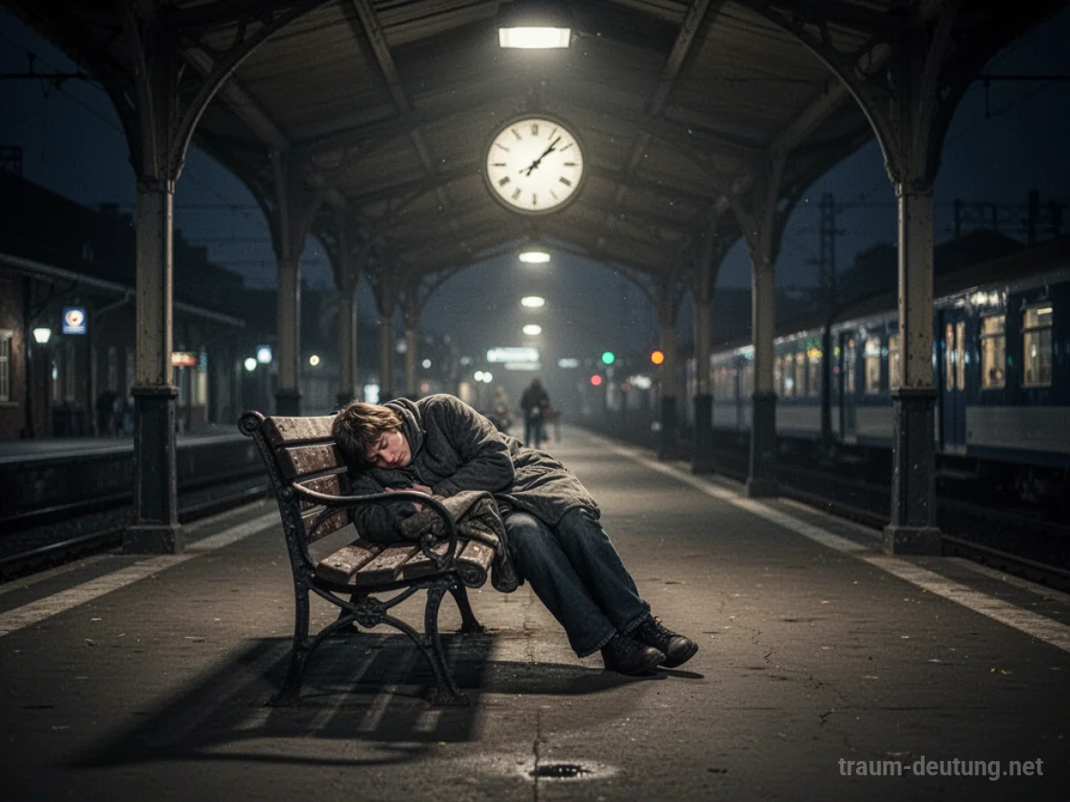 Eine Person schläft auf einer Bank in einem verlassenen Bahnhof bei Nacht.