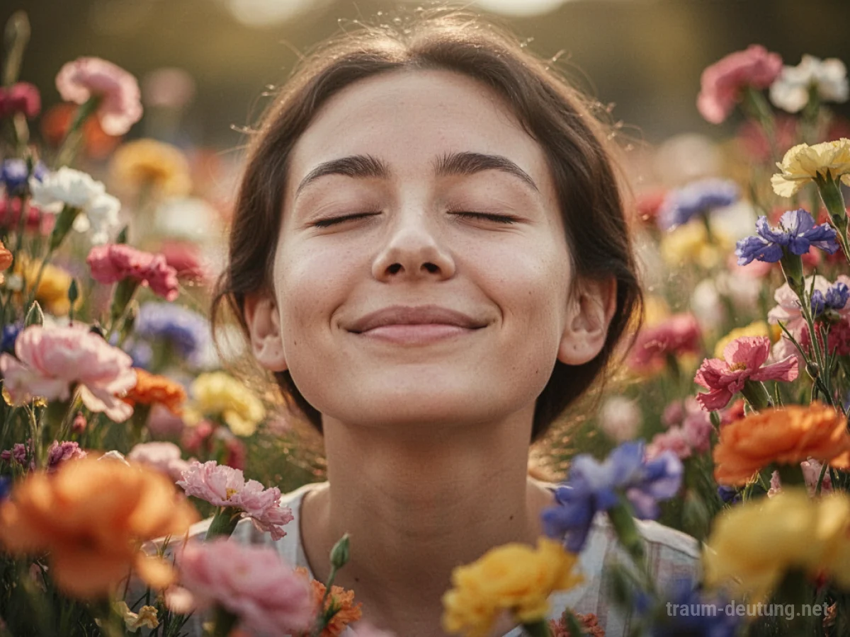 Eine Person riecht an Blumen in einem sonnigen Garten.