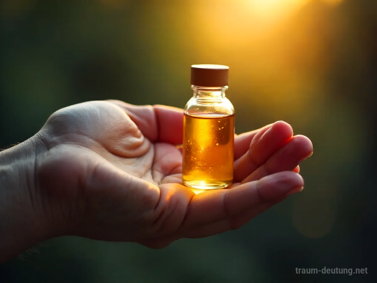 Eine Hand hält ein kleines Fläschchen mit goldenem Balsam, das sanft leuchtet.