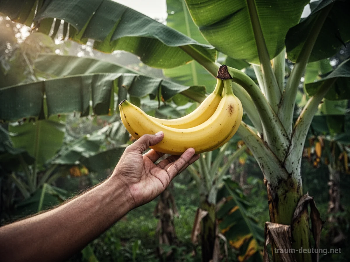 Hand pflückt reife gelbe Banane von einem Bananenbaum
