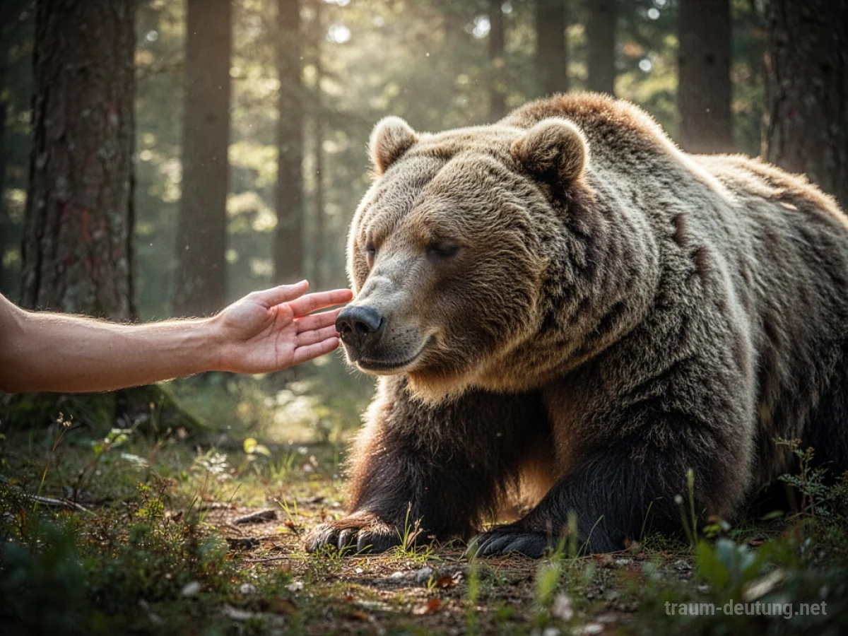 Eine Hand streichelt sanft das Fell eines ruhigen Bären im Wald.