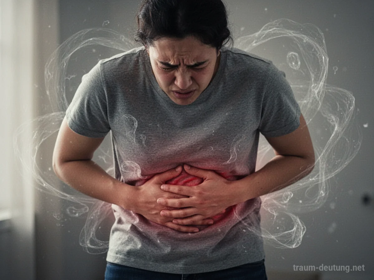 Person hält sich den schmerzenden Bauch, umgeben von diffusen Schatten
