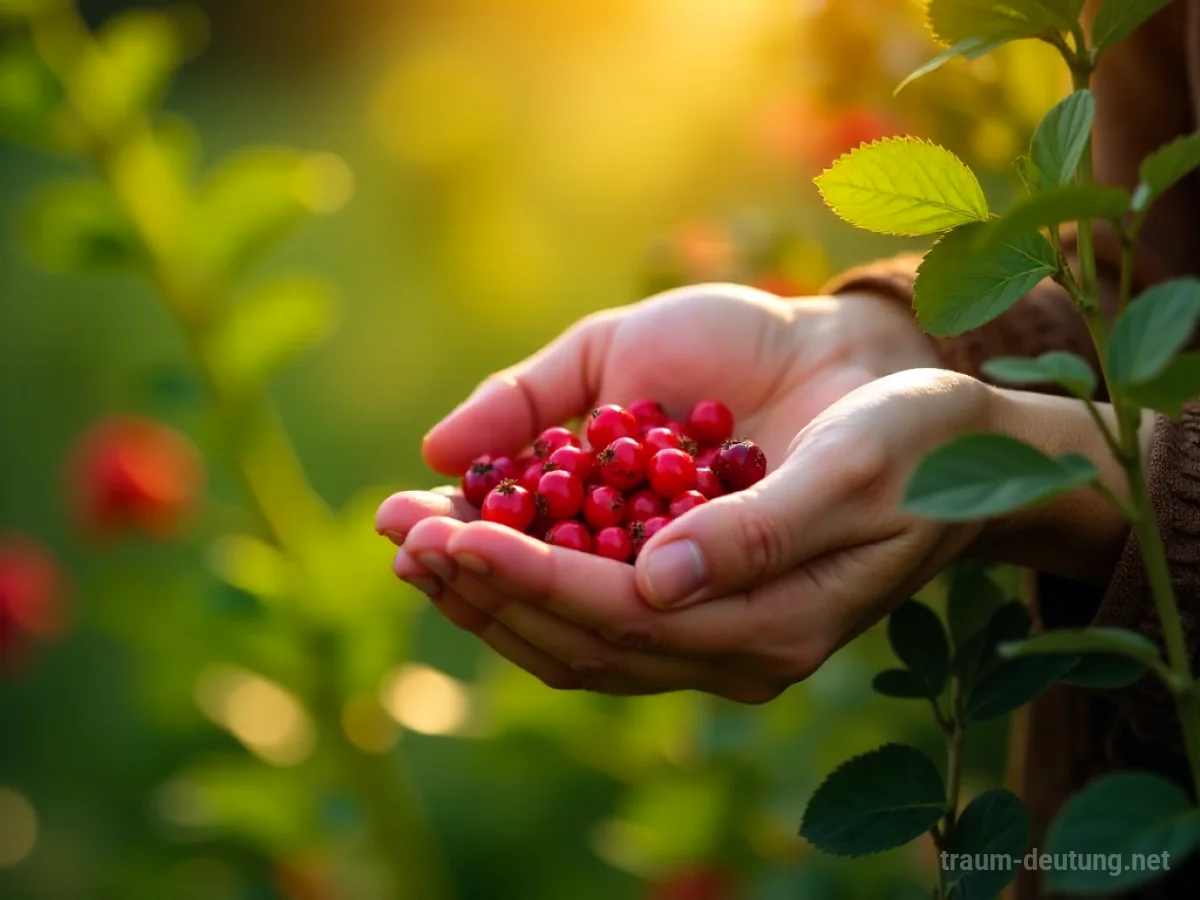 Hände pflücken rote Beeren von einem Strauch.